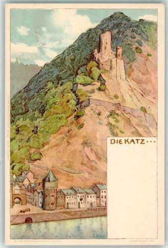 St. Goarshausen Die Katz sign. F. Hein Turm Burg