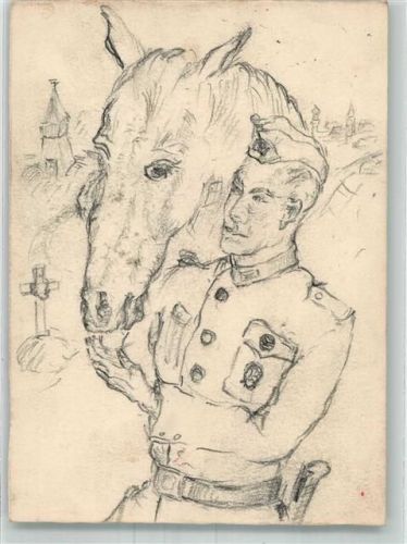 Krakau 1940 Bleistiftzeichnung Landser mit seinem Pferd Feldpost Ort handschriftlich Pferdesammelstelle Wegrzce