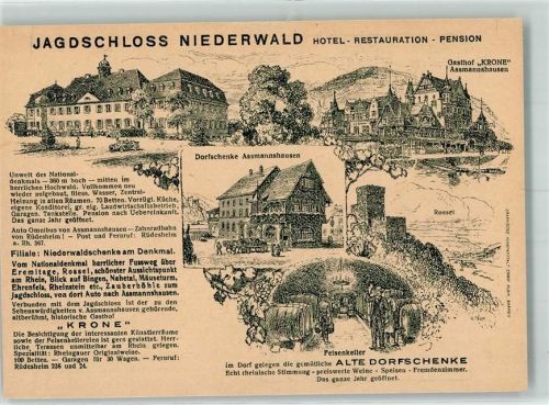 65385 W6220 Niederwald , Jagdschloß Lithographie Hotel Jagdschloß Niederwald Dorfschenke Assmannshausen Felsenkeller Gasthaus Krone