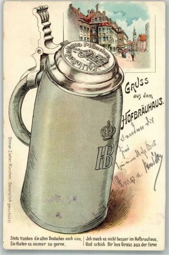 W8000 München Bierkrug Zieher, Ottmar Adelskorrespondenz Hofbräuhaus 1900 Lithographie