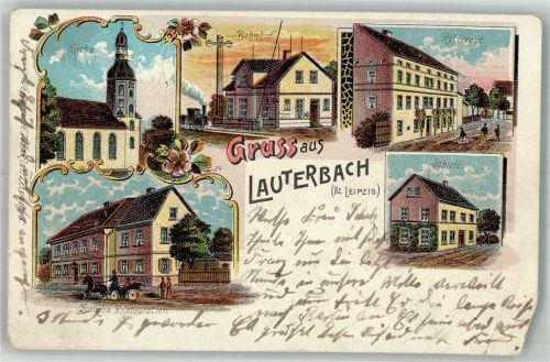 Lauterbach 1902 Lithographie Bahnof Schule Gasthaus Zwoch Rittergut Bahnpost Eckschaden