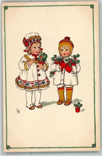 Kinder mit Glücksklee im Topf Neujahr Meissner u. Buch Serie 2318