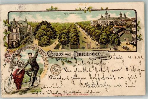 Hannover 1898 Gruss aus Tandem Fahrrad Verlag Rosenblatt Lithographie