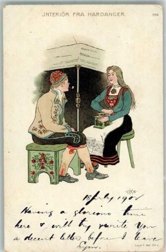 1902 Interieur Fra Hardanger Norwegen Tracht sign. OTH