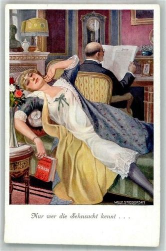 Nur wer die Sehnsucht kennt Erotik Frau im Negligee sign. Willy Stieborsky Serie 22-83 Dess. 5 W.R.B. & Co. Wien - Galerie Wiener Künstler Künstlerkarte