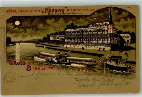 Biebrich 1908 Lithographie Hotel Nassau bei Nacht