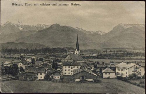 1928 Kössen, Tirol, mit wildem und zahmem Kaiser, Ansicht, Österreich