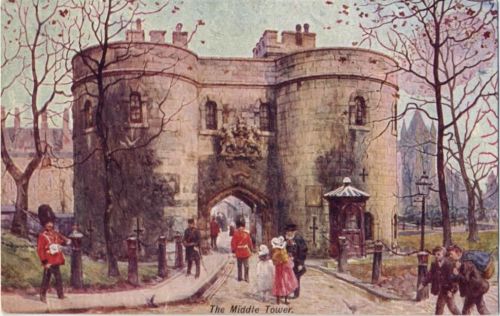 um 1910/20 Großbritannien: Künstler-Ak -The Middle Tower- aus der Serie -Cassell´s Art Postcards, Blick auf den Eingangsbereich eines Schlosses (castle), Wache i