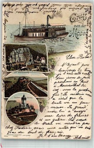 Cochem 1898 Lithographie Moseldampfer Alt Marienburg Burg Eltz