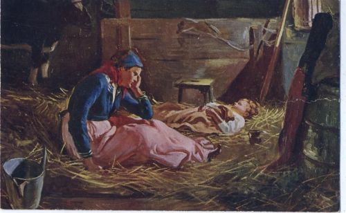 um 1910/20 Mutter mit schlafendem Kind im Heu, Kuhstall, Künstlerkarte aus Polen,sign. W. Wodznowski