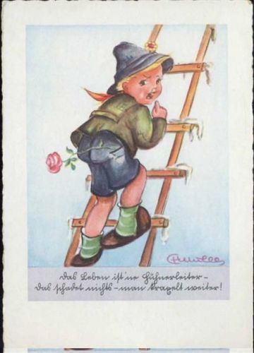 um 1930/40 Kleiner Junge, Leiter, Spruch, Rose, Nr. 1213,A. Lengauer,sign. Ch. Müller