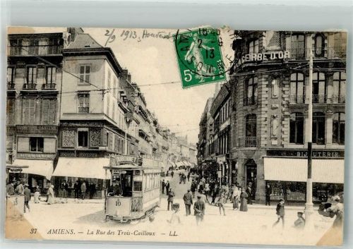 Amiens 1913 Geschäft Straßenbahn rue des Trois-Cailloux Marke bildseitig