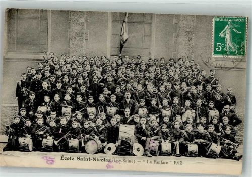 Issy-les-Moulineaux 1913 Grupppenfoto Kinder Musikkapelle Briefmarek bildseitig