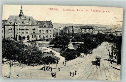 Brno 1909 Straßenbahn Lazanskyplatz Deutsches Haus Denkmal