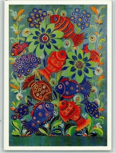 Rote und blaue Fische schwimmen durch grüne Blumen Marfa Timchenko