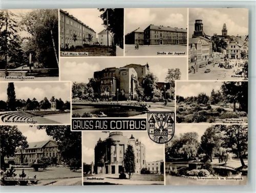 Cottbus Tuchmacherbrunnen Karl-Marx-Straße Straße der Jugend Altmarkt Max-Reimann-Stadion Blechenpark Bezirkskrankenhaus Stadttheater Schwanenteich im Goethepark AKU2
