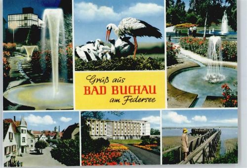 Bad Buchau Springbrunnen Haus Blumen Storch Fußgänger Baum