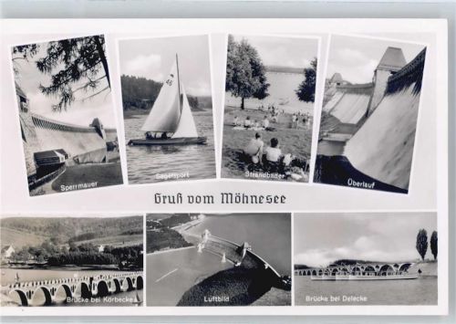 Möhnesee Fliegeraufnahme, Möhnetalsperre, Sperrmauer, Brücke bei Delecke und Körbecke, Segelboot AKU2