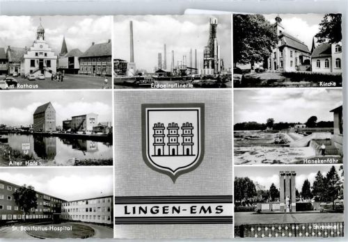Lingen Rathaus, Alter Hafen, St. Bonifatius Hospital, Kirche, Erdölraffinerie, Ehrenmal