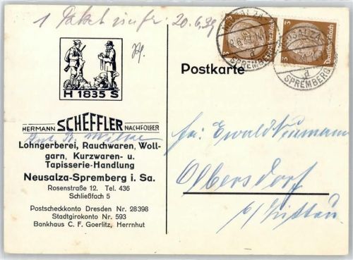 Neusalza-Spremberg Firma Hermann Scheffler, Lohngerberei, Rauchwaren, Kurzwaren- und Tapisserie-Handlung