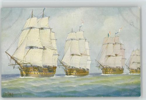 1910 Nr 48 Franz. Linienschiff in Schlachtordnung Segelschiff Künstler sign Rave