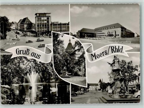 Moers Königl. Hof Knappschaftsverwaltung Markt und neues Rathaus Partie am Schloß See Schwäne Springbrunnen