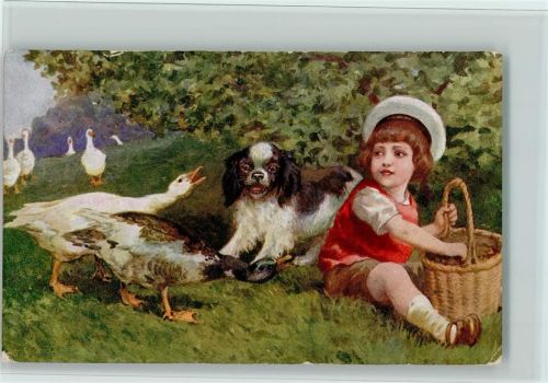 Mädchen mit Hund und Gänsen Ente