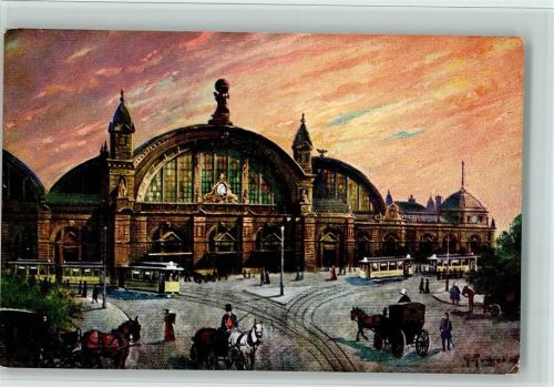 Frankfurt Hauptbahnhof Straßenbahnen Pferdekutschen sign. Georg Rothgeb