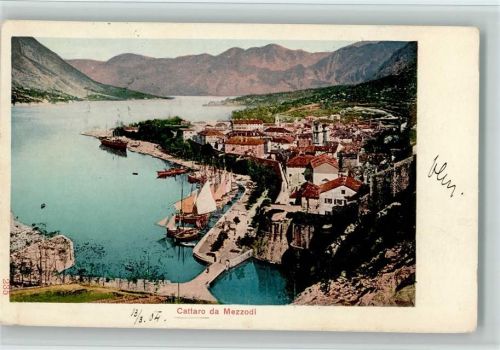 Kotor 1904 Hafen Bergpanorama Bucht Teilansicht