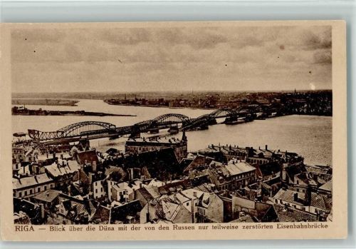 Riga 1918 WK I Blick über die Düna - teilweise zerstörfte Eisenbahnbrücke