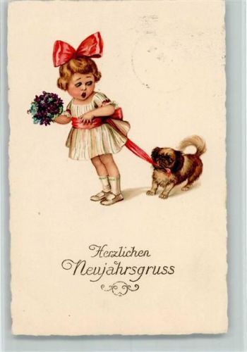 1912 Pekinese zieht an Schleife von kleinem Mädchen Veilchen