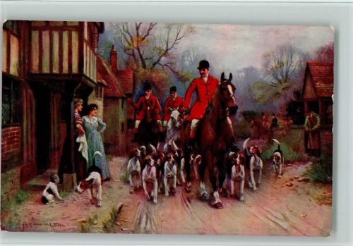Reiter Frauen Hunde Fachwerkhaus Kranz Künstlerkarte sign. /Hunting Serie 10