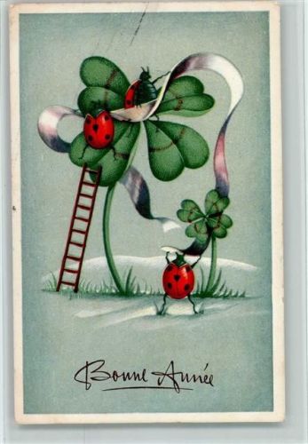 1934 Bonne Annee - Kleeblatt und Marienkäfer AK