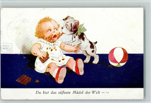 1939 Hund und Baby mit Schokolade AK