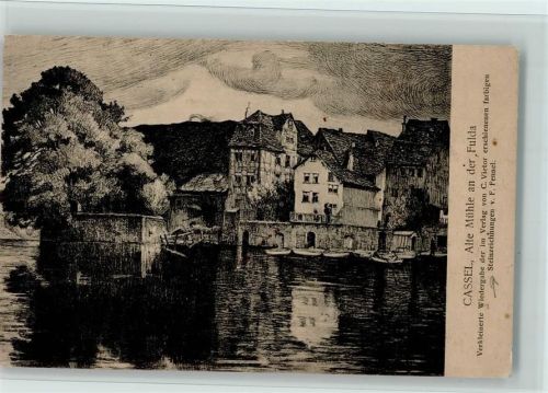 Kassel Alte Mühle an der Fulda Steinzeichnung von F. Fennel