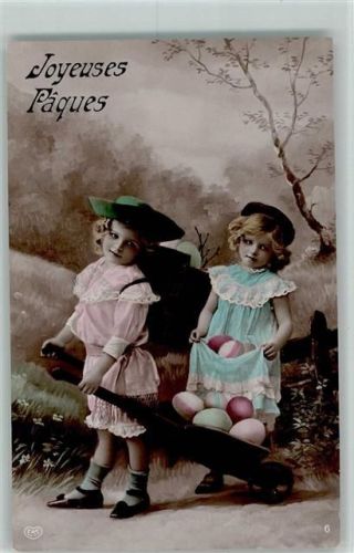Nr. 6 Joyeuses Paques - Ostern, coloriert , Mädchen mit einer Schubkarre und vielen Eiern