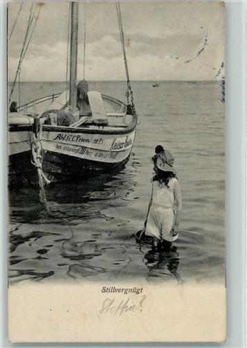1909 Stillvergnügt - Segelboot, Mädchen mit einem Korb im Wasser AK