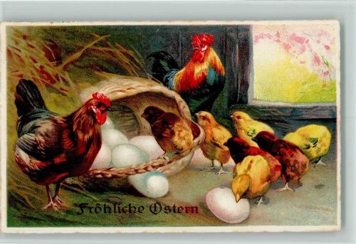 1931 Ostern - Hühner mit Küken und weißen Eiern AK