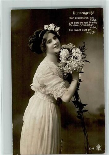1910 NPG 2308 - Frau mit Flieder und Blumengruß, Spruch , gute Erhaltung AK