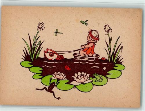 Kind im Topf im Teich wird von Fisch gezogen mit Libellen und Fröschen
