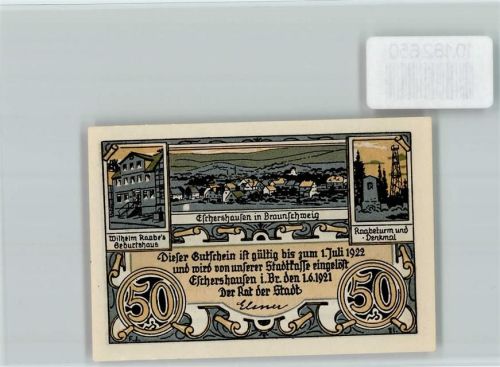 Eschershausen Notgeld Wilhelm Raabes Geburtshaus Raabeturm Raabedenkmal