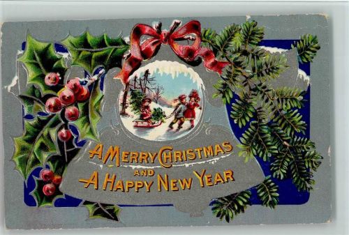 1909 Weihnachtskarte Ilex Tannennadeln Kinder Schlitten