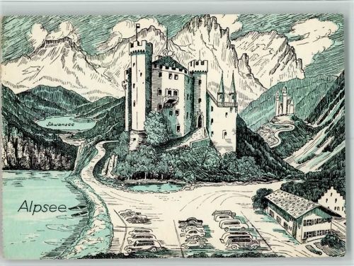 Hohenschwangau Schloßparkplatz am Alpsee Schloß Hohenschwangau Im Hintergrund Schloß Neuschwanstein