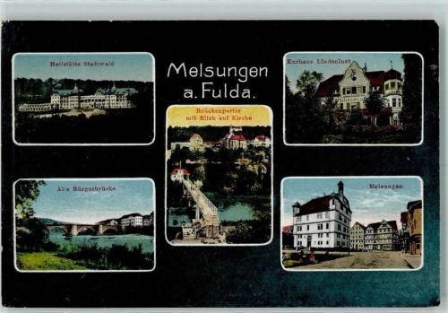 Melsungen Heilstätte Stadtwald Alte Bürgerbrücke Brückenpartie mit Blick auf Kirche Kurhaus Lindenlust