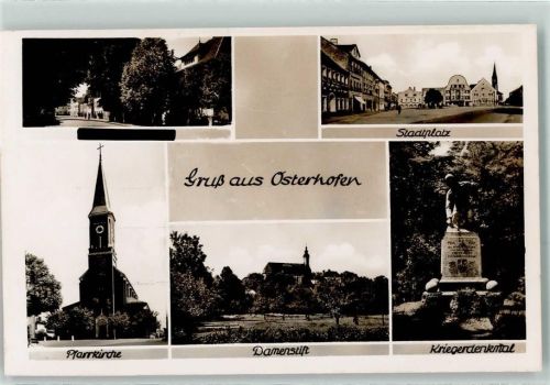 94486 W8353 Osterhofen , Niederbay Gebrauchsspuren Rückseite mit Abschürfungen und Kleberesten Stadtplatz Pfarrkirche Damenstift Kriegerdenkmal