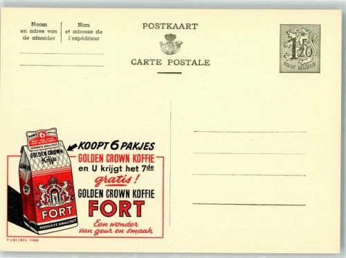Werbung Fort Golden Crown Kaffee -Publibel 1466 Belgische Ganzsache Wertstufe 1,20