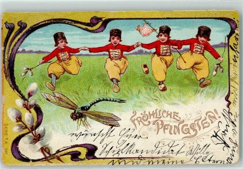 1902 AK mit Glimmerauflage Pfingsten Libelle Kinder Jugendstil