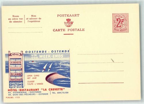 Ostende 1970 Tourismus Werbung, Hotel Crevette, Publibel 1723, Belgische Ganzsache Wertstufe 2,00