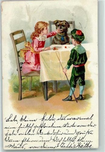 1901 Terrier Kinder füttern Hund
