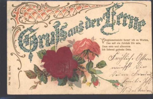 1902 AK mit Stoff Prägedruck Gruß aus der Ferne Vergissmeinnicht Rosen